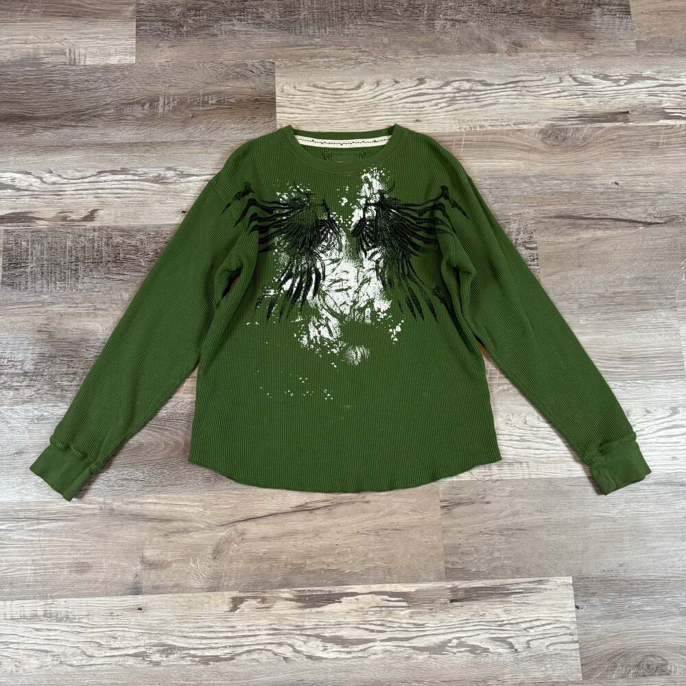 Vintage Y2K Forest Green Waffle Knit Graphic Thermal Long Sleeve Grunge Indie XL